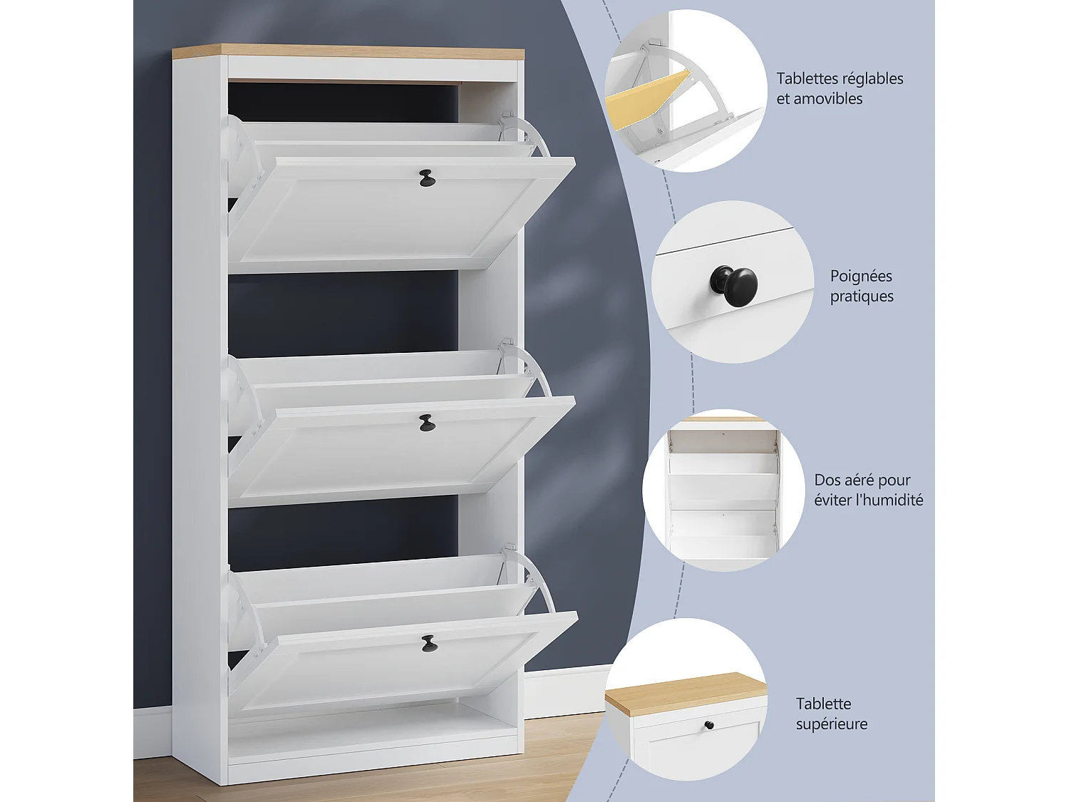 Meuble à Chaussures HavenlyHome, 4 Portes Abattantes, Étagères Réglable, 16 à 24 Paires, pour Entrée, Couloir, 60x24x150 cm, Blanc