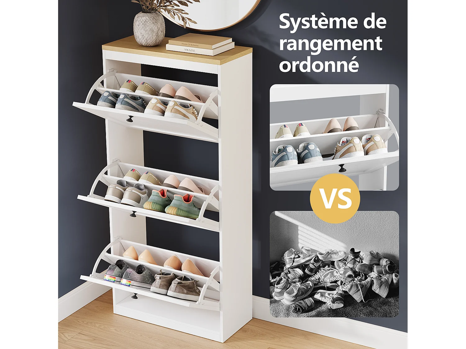 Meuble à Chaussures HavenlyHome, 4 Portes Abattantes, Étagères Réglable, 16 à 24 Paires, pour Entrée, Couloir, 60x24x150 cm, Blanc