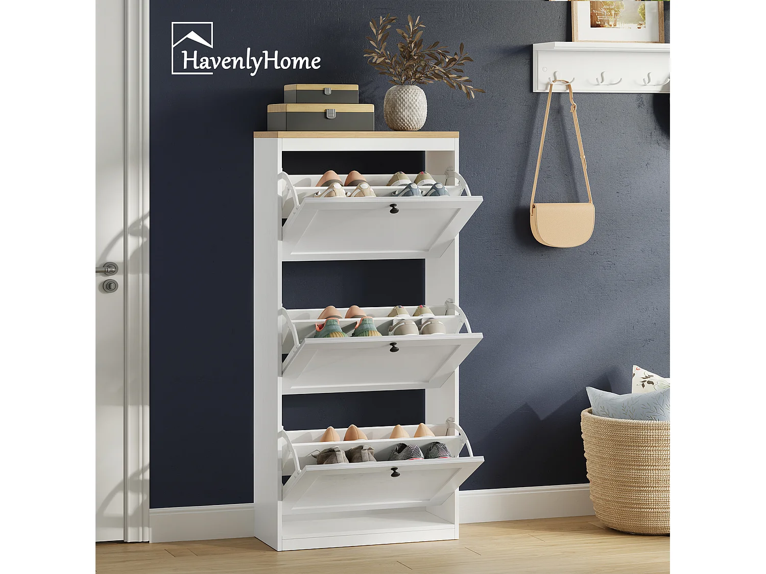 Meuble à Chaussures HavenlyHome, 4 Portes Abattantes, Étagères Réglable, 16 à 24 Paires, pour Entrée, Couloir, 60x24x150 cm, Blanc