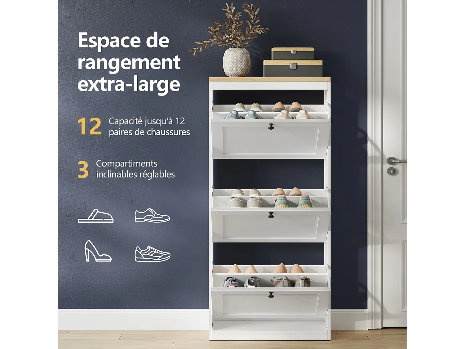 Meuble à Chaussures HavenlyHome, 4 Portes Abattantes, Étagères Réglable, 16 à 24 Paires, pour Entrée, Couloir, 60x24x150 cm, Blanc