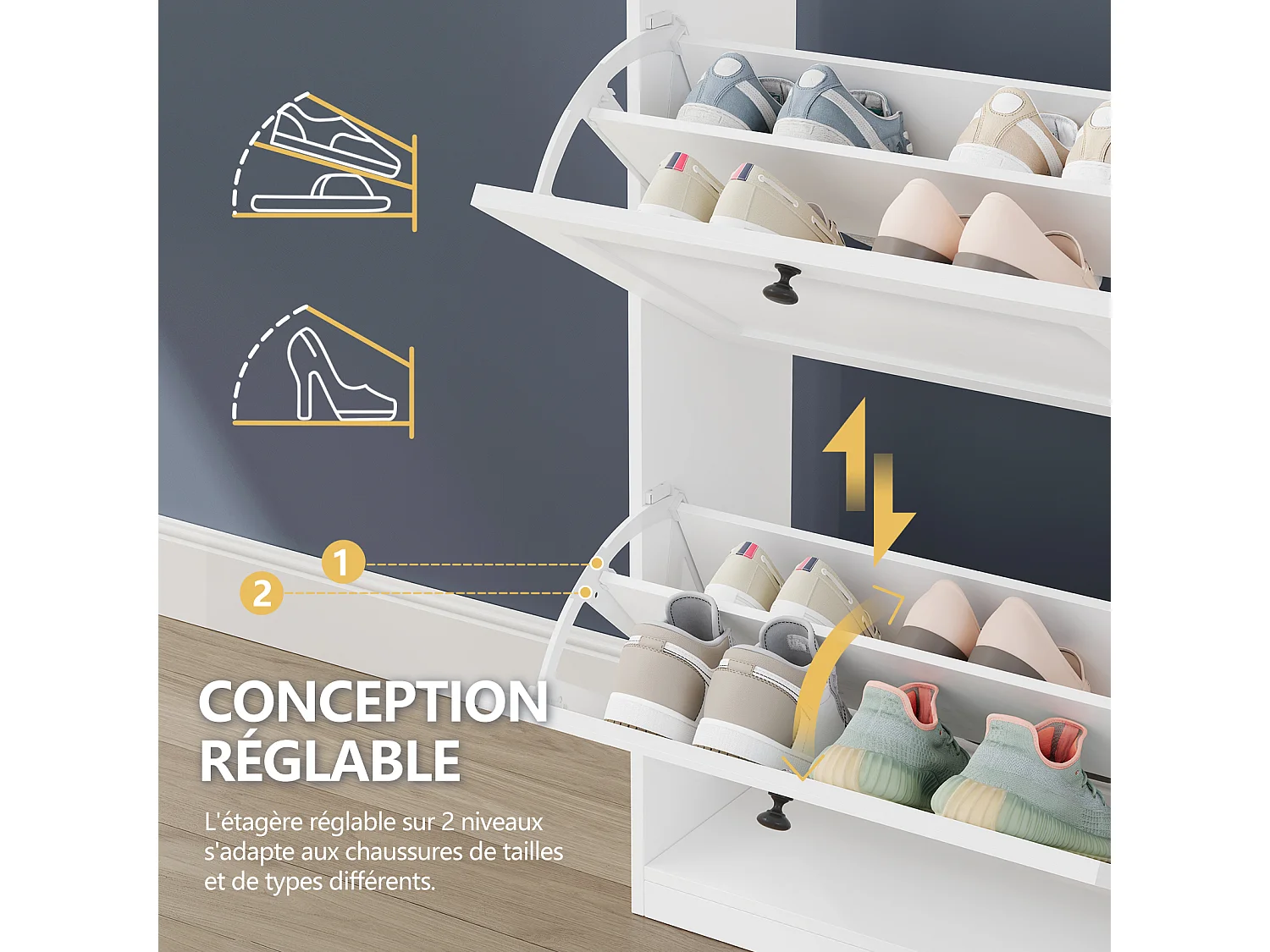 Meuble à Chaussures HavenlyHome, 4 Portes Abattantes, Étagères Réglable, 16 à 24 Paires, pour Entrée, Couloir, 60x24x150 cm, Blanc