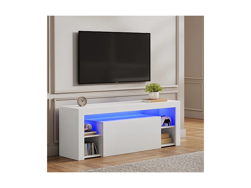 Meuble TV LED 140 cm HavenlyHome - Banc TV Moderne avec Placard - Etagères Réglables - Jusqu'à 65" - pour Salon et Chambre - Blanc