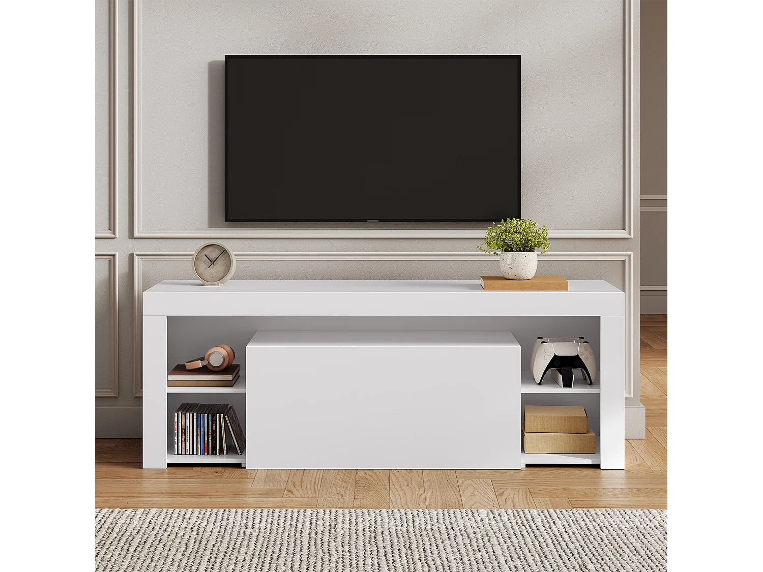 Meuble TV LED 140 cm HavenlyHome - Banc TV Moderne avec Placard - Etagères Réglables - Jusqu'à 65" - pour Salon et Chambre - Blanc