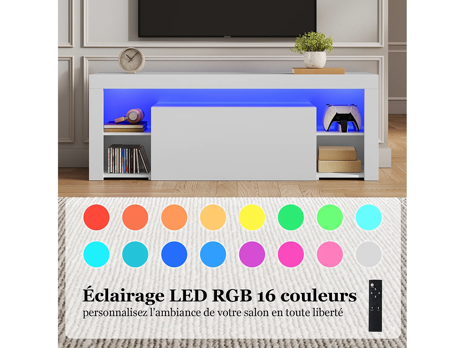 Meuble TV LED 140 cm HavenlyHome - Banc TV Moderne avec Placard - Etagères Réglables - Jusqu'à 65" - pour Salon et Chambre - Blanc