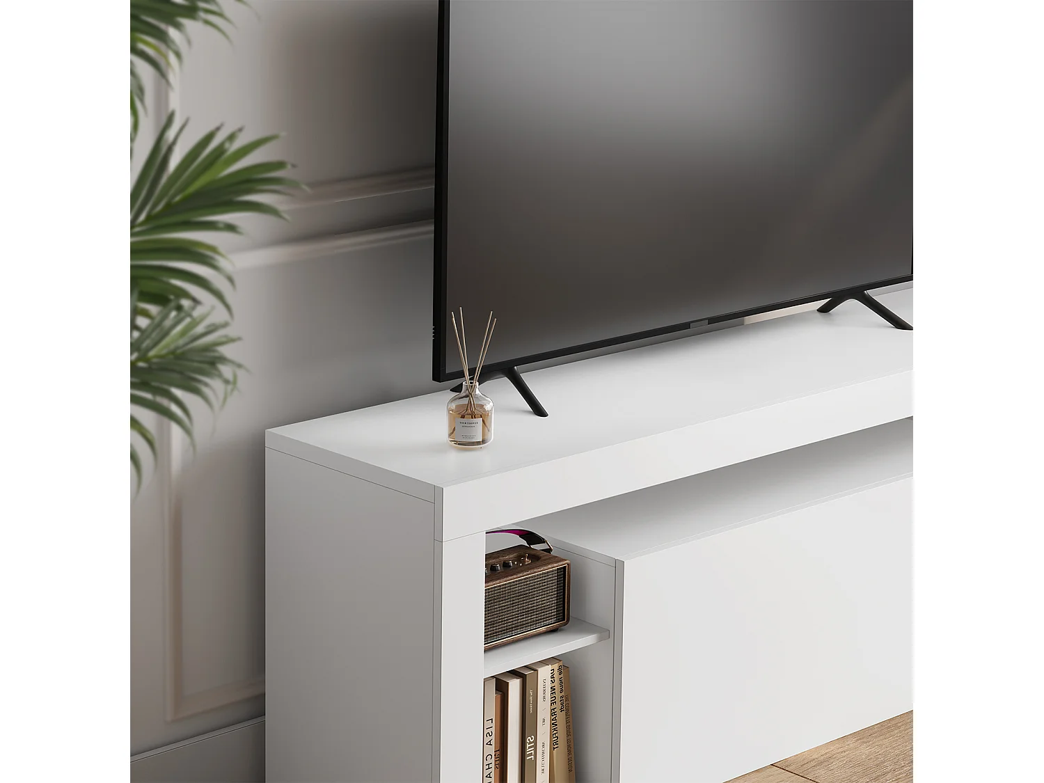 Meuble TV LED 140 cm HavenlyHome - Banc TV Moderne avec Placard - Etagères Réglables - Jusqu'à 65" - pour Salon et Chambre - Blanc