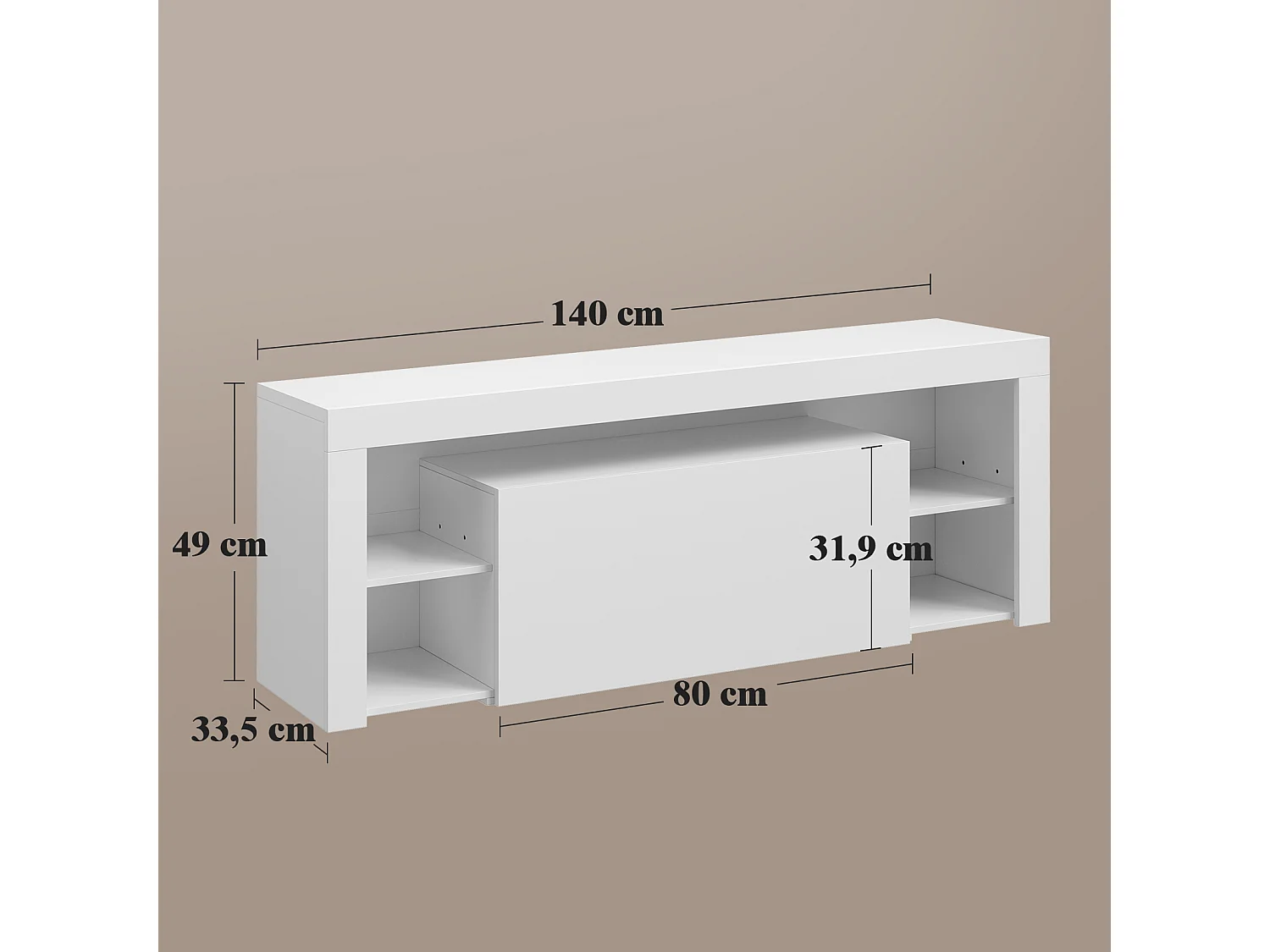 Meuble TV LED 140 cm HavenlyHome - Banc TV Moderne avec Placard - Etagères Réglables - Jusqu'à 65" - pour Salon et Chambre - Blanc