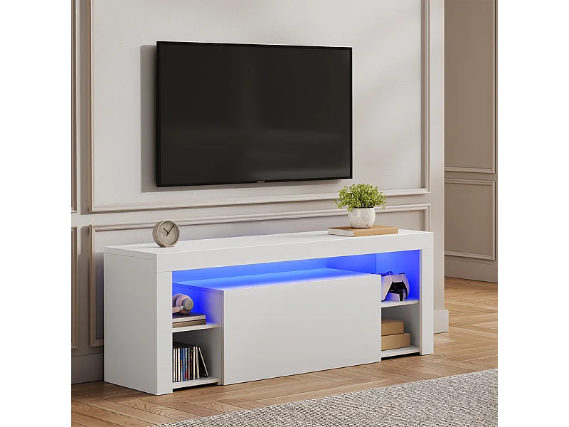 Meuble TV LED 140 cm HavenlyHome - Banc TV Moderne avec Placard - Etagères Réglables - Jusqu'à 65" - pour Salon et Chambre - Blanc