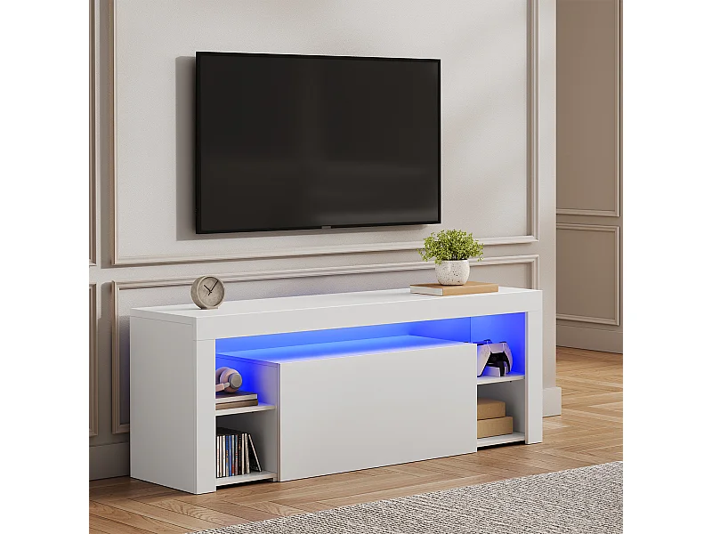 Meuble TV LED 140 cm HavenlyHome - Banc TV Moderne avec Placard - Etagères Réglables - Jusqu'à 65" - pour Salon et Chambre - Noir