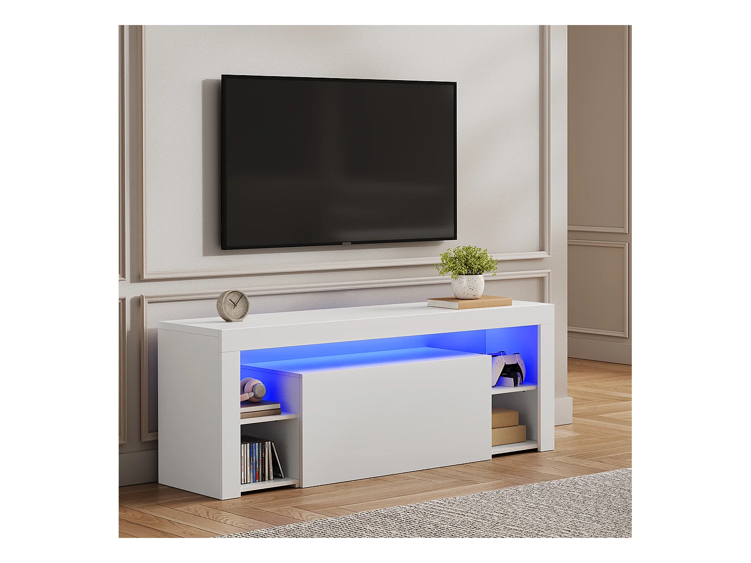 Meuble TV LED 140 cm HavenlyHome - Banc TV Moderne avec Placard - Etagères Réglables - Jusqu'à 65" - pour Salon et Chambre - Noir