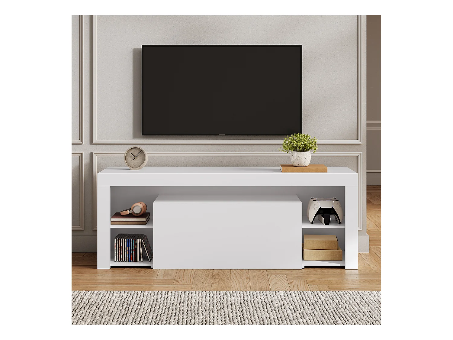 Meuble TV LED 140 cm HavenlyHome - Banc TV Moderne avec Placard - Etagères Réglables - Jusqu'à 65" - pour Salon et Chambre - Noir