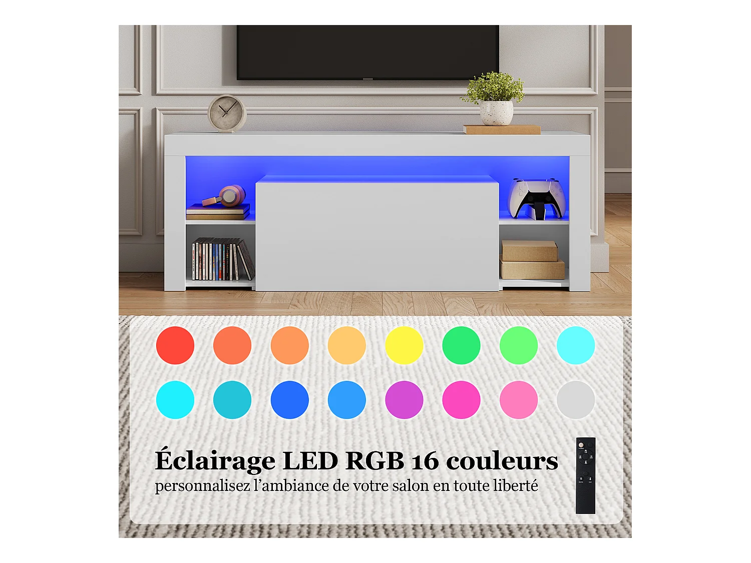 Meuble TV LED 140 cm HavenlyHome - Banc TV Moderne avec Placard - Etagères Réglables - Jusqu'à 65" - pour Salon et Chambre - Noir