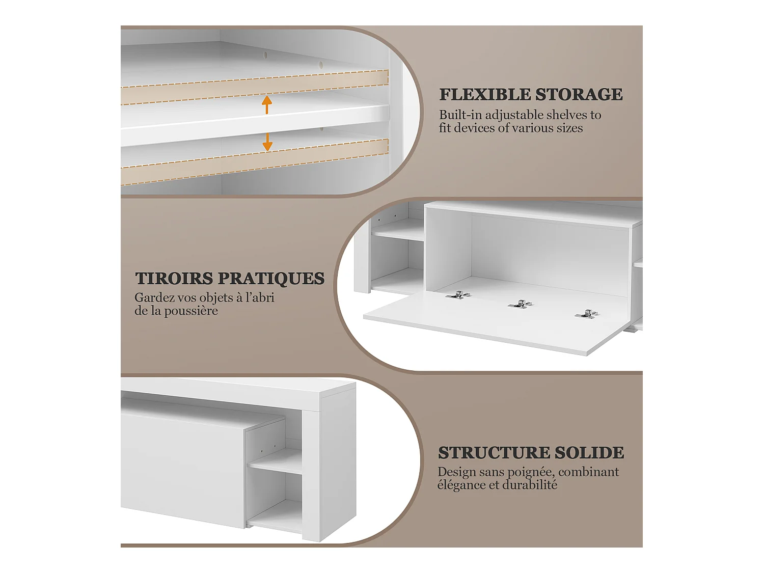 Meuble TV LED 140 cm HavenlyHome - Banc TV Moderne avec Placard - Etagères Réglables - Jusqu'à 65" - pour Salon et Chambre - Noir