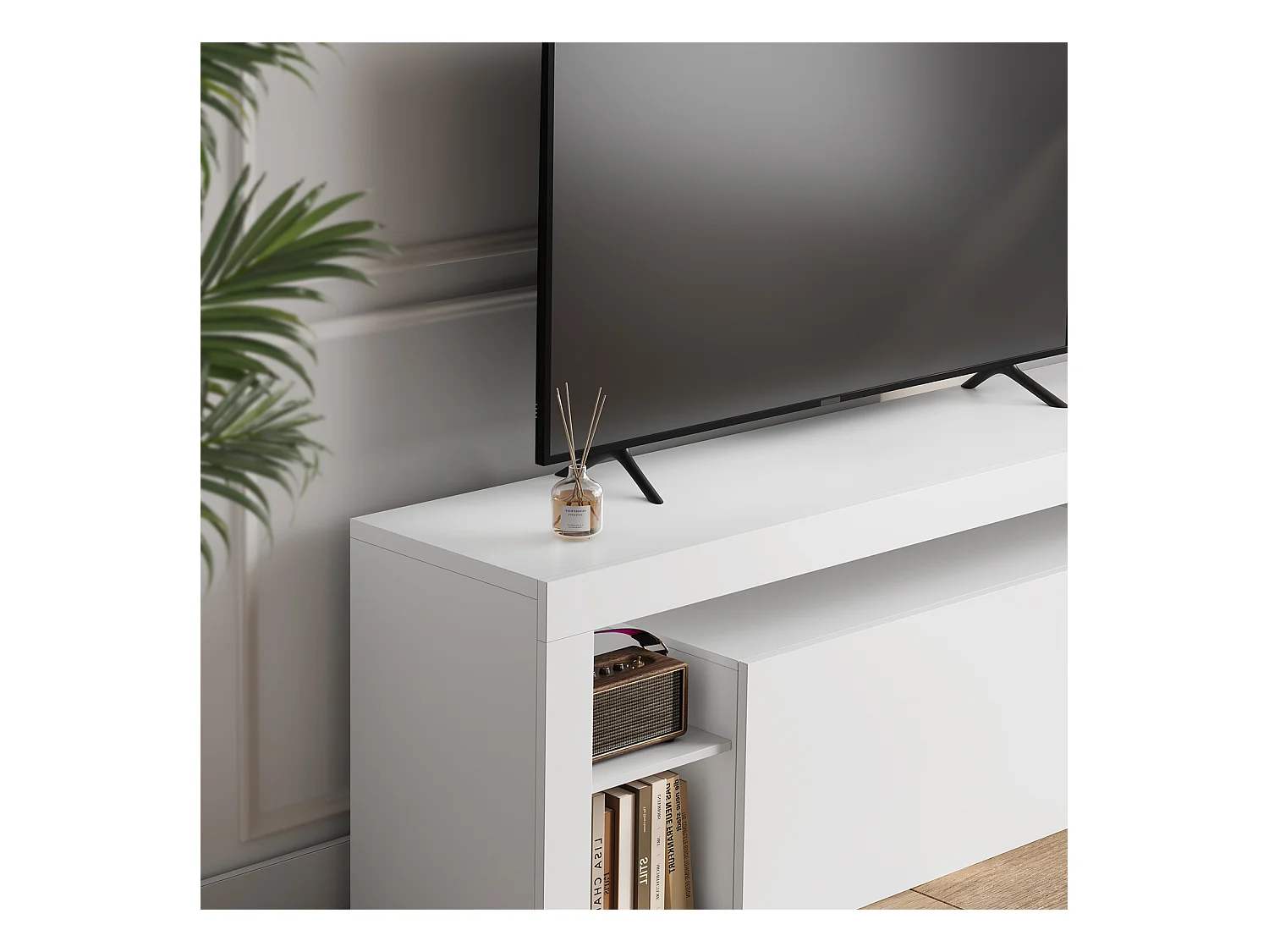 Meuble TV LED 140 cm HavenlyHome - Banc TV Moderne avec Placard - Etagères Réglables - Jusqu'à 65" - pour Salon et Chambre - Noir