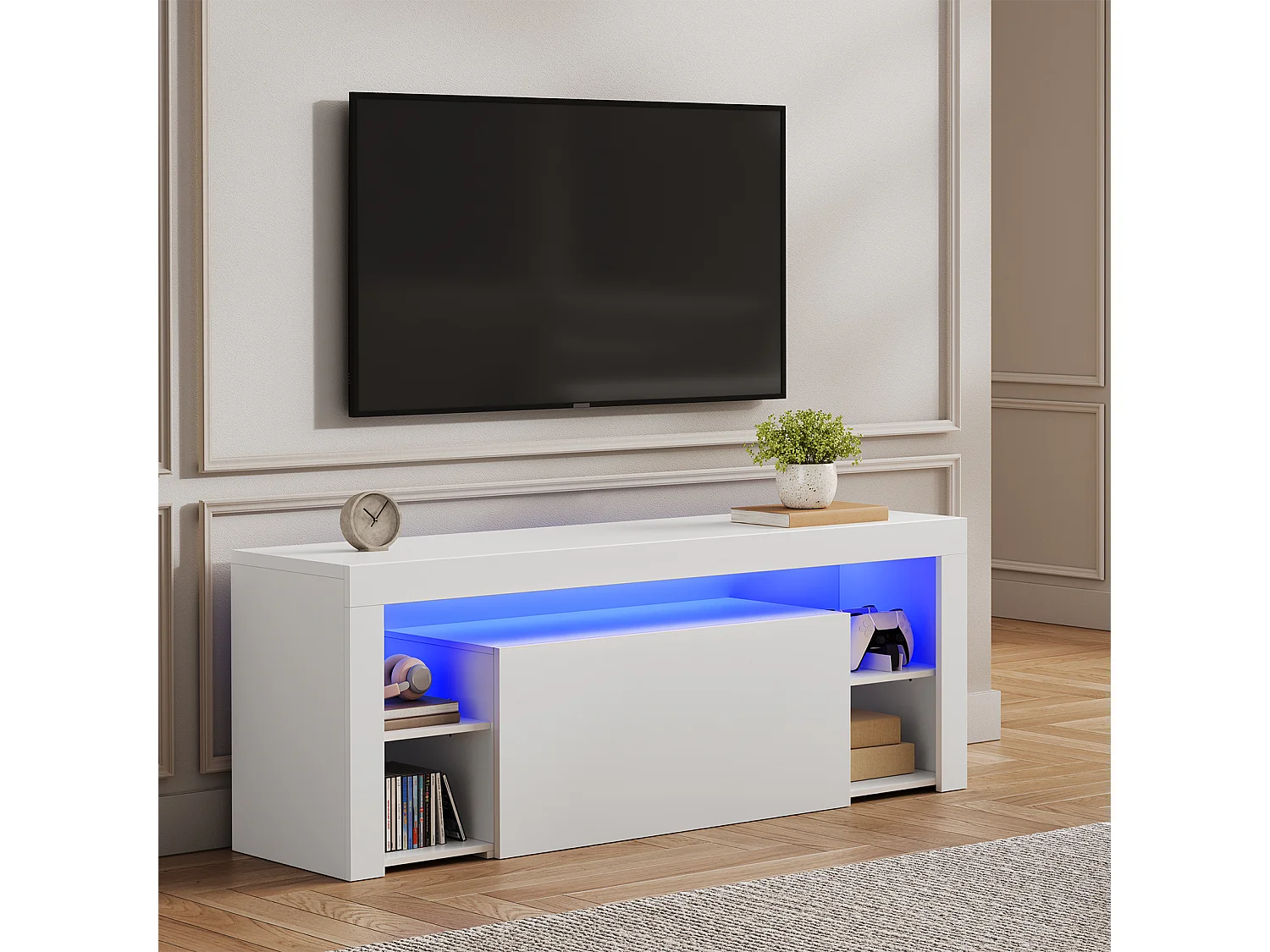 Meuble TV LED 140 cm HavenlyHome - Banc TV Moderne avec Placard - Etagères Réglables - Jusqu'à 65" - pour Salon et Chambre - Noir