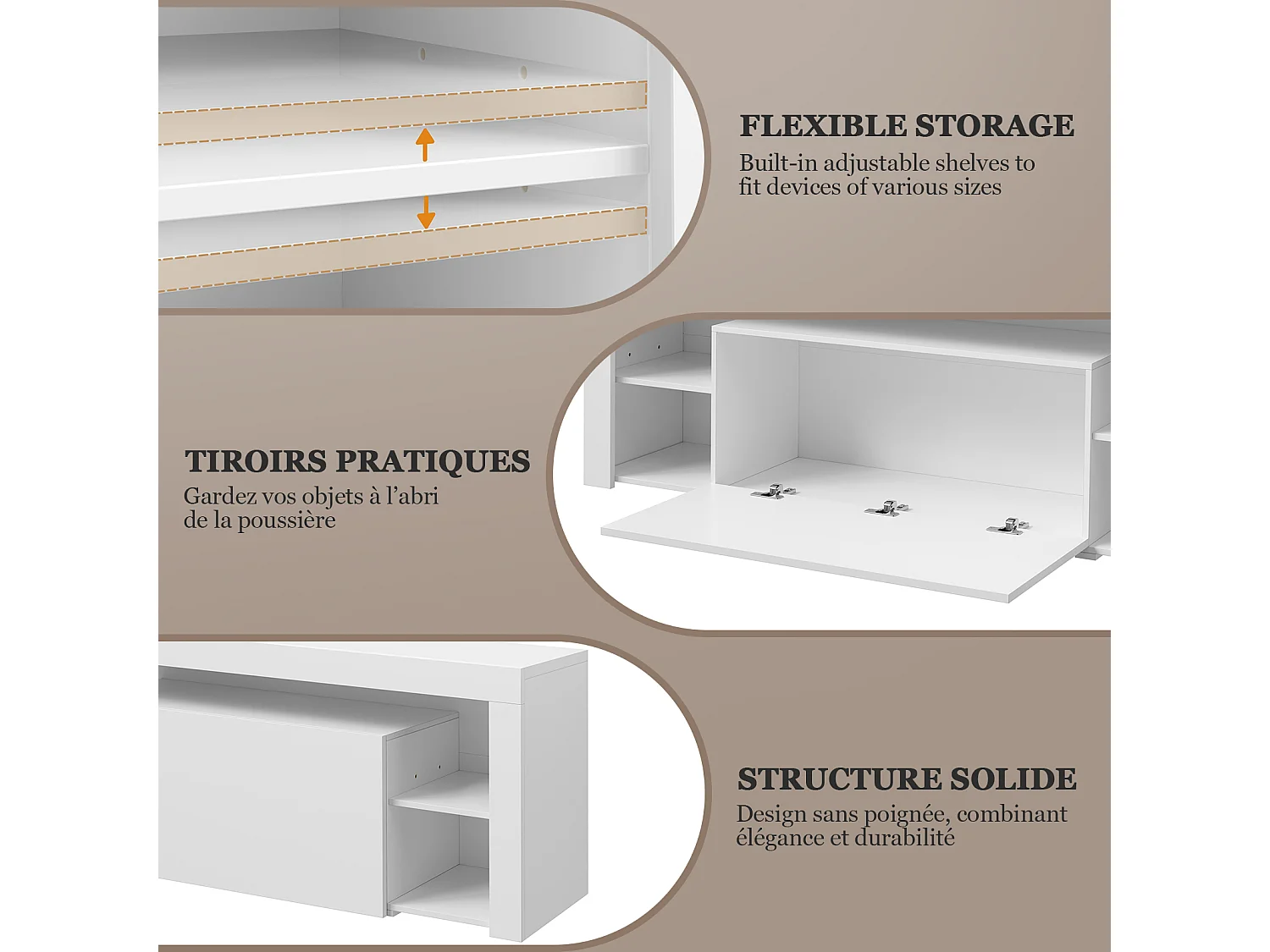 Meuble TV LED 140 cm HavenlyHome - Banc TV Moderne avec Placard - Etagères Réglables - Jusqu'à 65" - pour Salon et Chambre - Noir