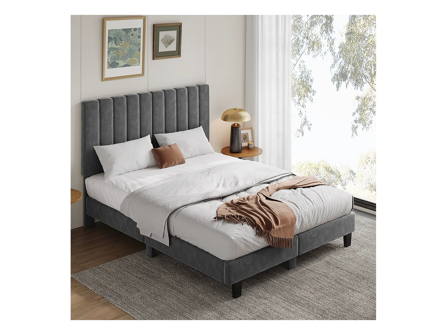 Lit adulte 140x190 cm inre - lit capitonné avec tête de lit en tissu - sommier à lattes - lit double pour 2 personnes - gris foncé