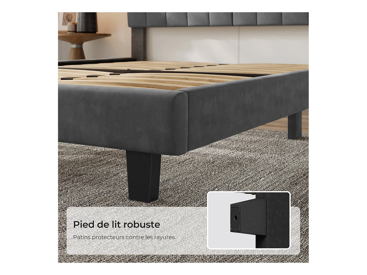 Lit adulte 140x190 cm inre - lit capitonné avec tête de lit en tissu - sommier à lattes - lit double pour 2 personnes - gris foncé