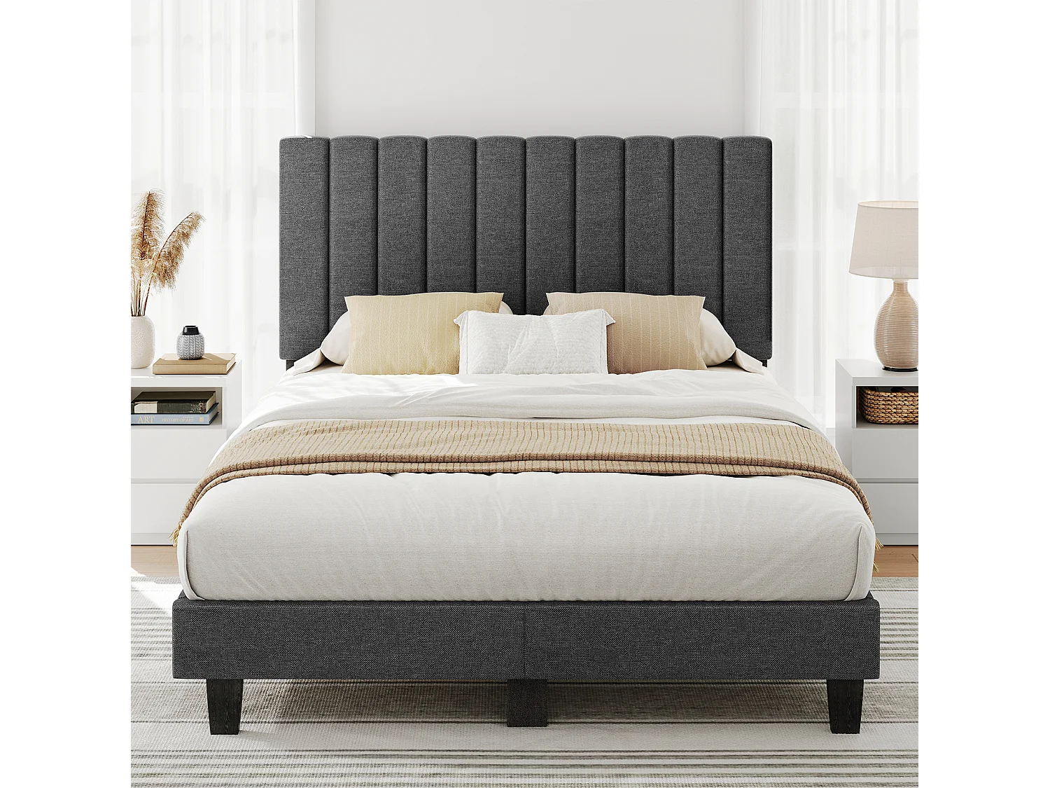 Lit adulte 140x190 cm inre - lit capitonné avec tête de lit en tissu - sommier à lattes - lit double pour 2 personnes - gris foncé