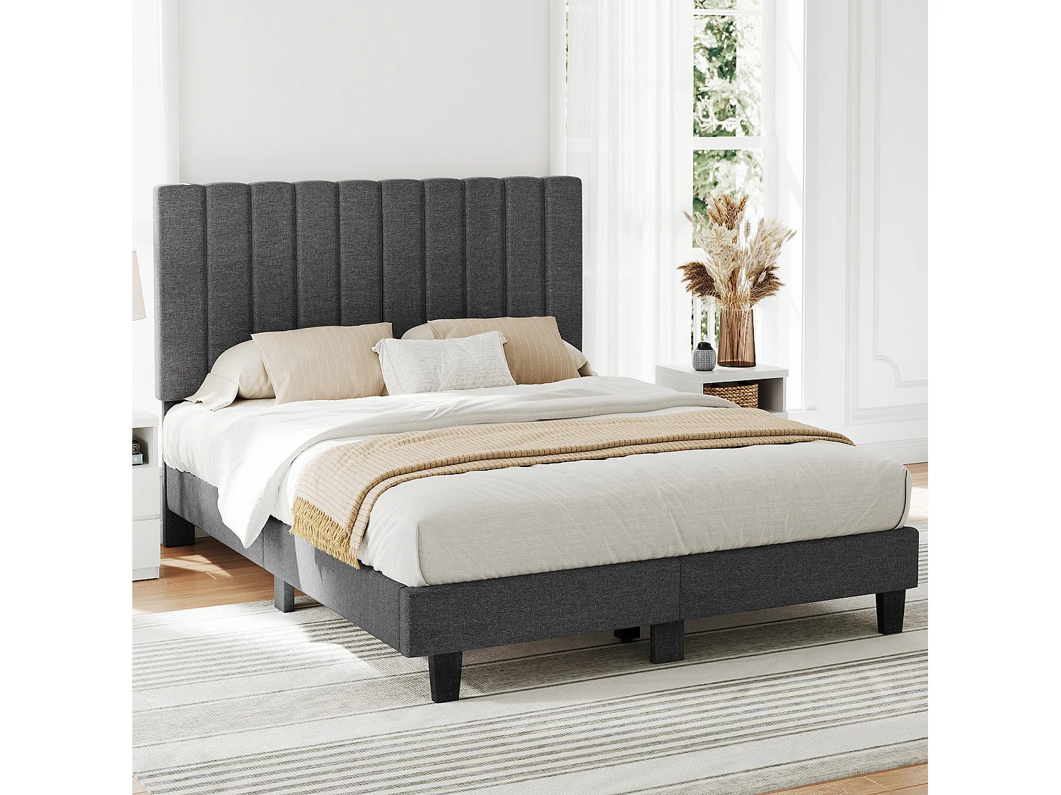 Lit adulte 140x190 cm inre - lit capitonné avec tête de lit en tissu - sommier à lattes - lit double pour 2 personnes - gris foncé