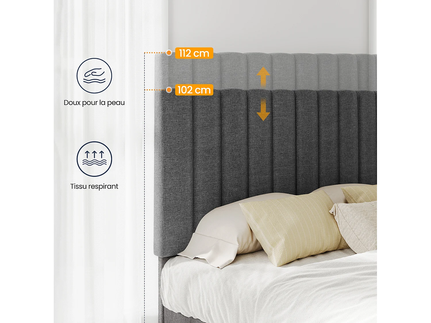 Lit adulte 140x190 cm inre - lit capitonné avec tête de lit en tissu - sommier à lattes - lit double pour 2 personnes - gris foncé