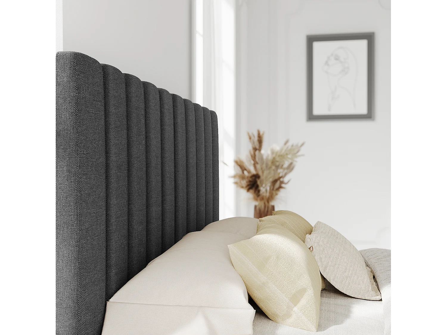 Lit adulte 140x190 cm inre - lit capitonné avec tête de lit en tissu - sommier à lattes - lit double pour 2 personnes - gris foncé