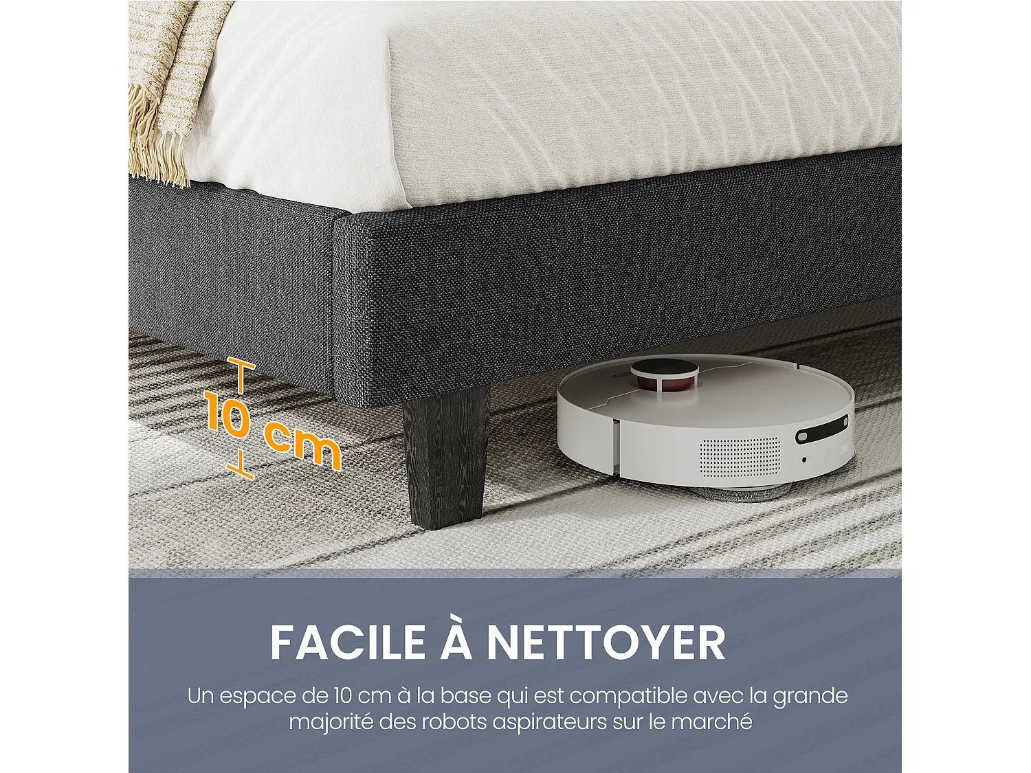 Lit adulte 140x190 cm inre - lit capitonné avec tête de lit en tissu - sommier à lattes - lit double pour 2 personnes - gris foncé