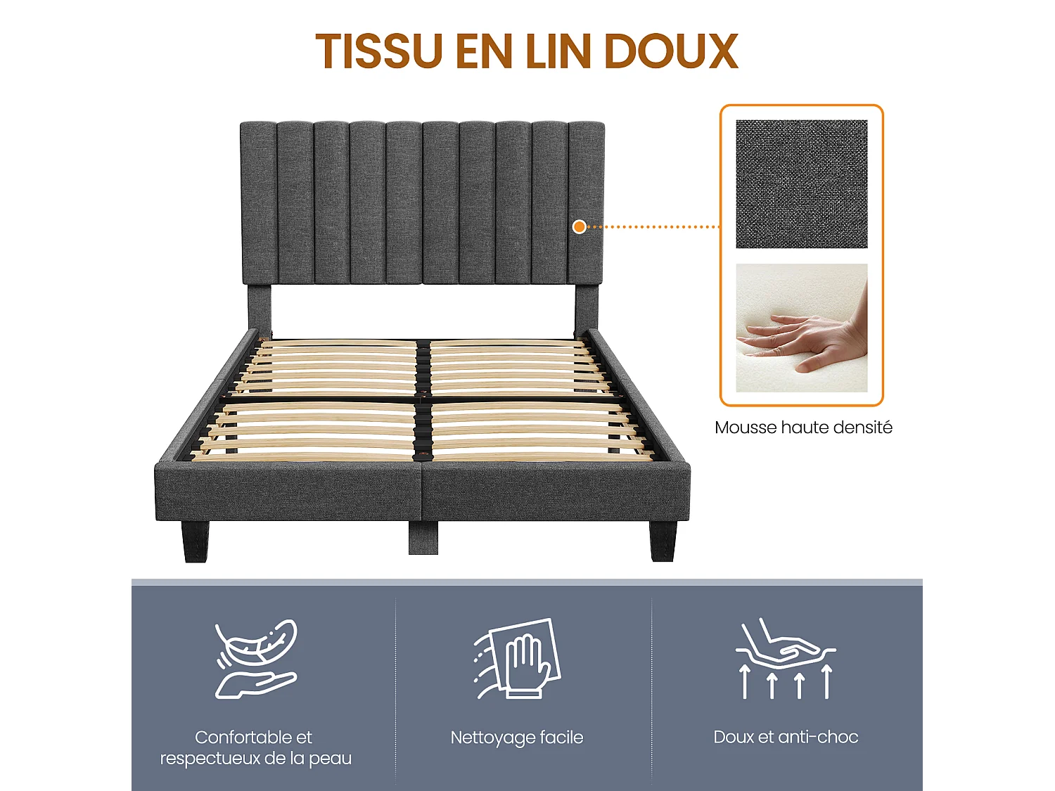 Lit adulte 140x190 cm inre - lit capitonné avec tête de lit en tissu - sommier à lattes - lit double pour 2 personnes - gris foncé