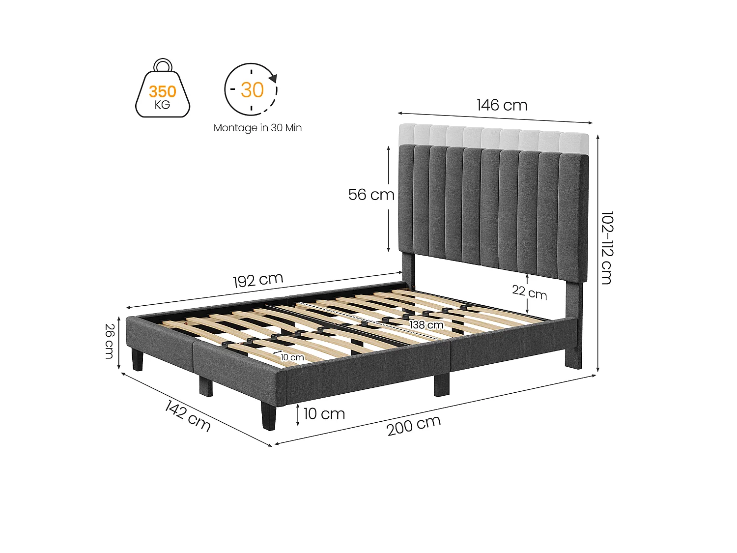 Lit adulte 140x190 cm inre - lit capitonné avec tête de lit en tissu - sommier à lattes - lit double pour 2 personnes - gris foncé
