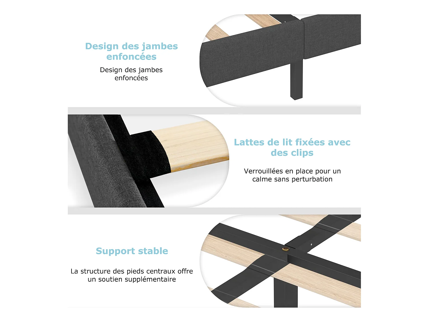 Lit Double 180x200 cm INRE- Structure de Lit avec Sommier à Lattes - Lit Capitonné avec Tête de Lit - Lit Adulte pour 2 Personne - gris foncé