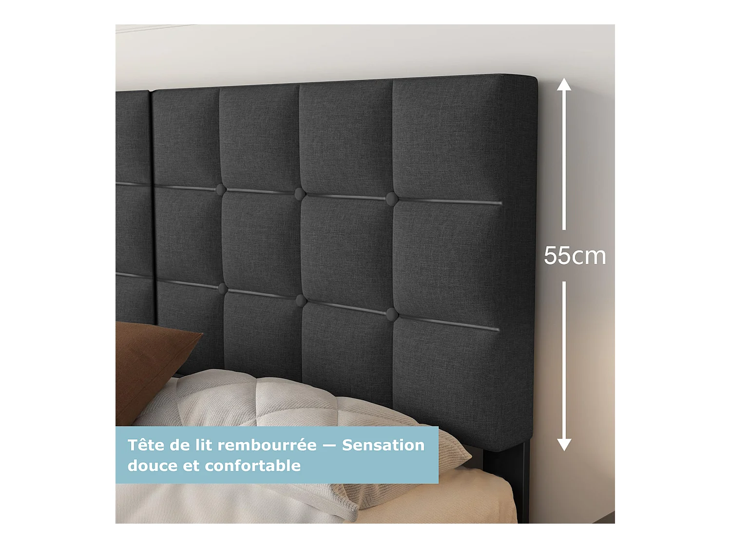 Lit Double 180x200 cm INRE- Structure de Lit avec Sommier à Lattes - Lit Capitonné avec Tête de Lit - Lit Adulte pour 2 Personne - gris foncé