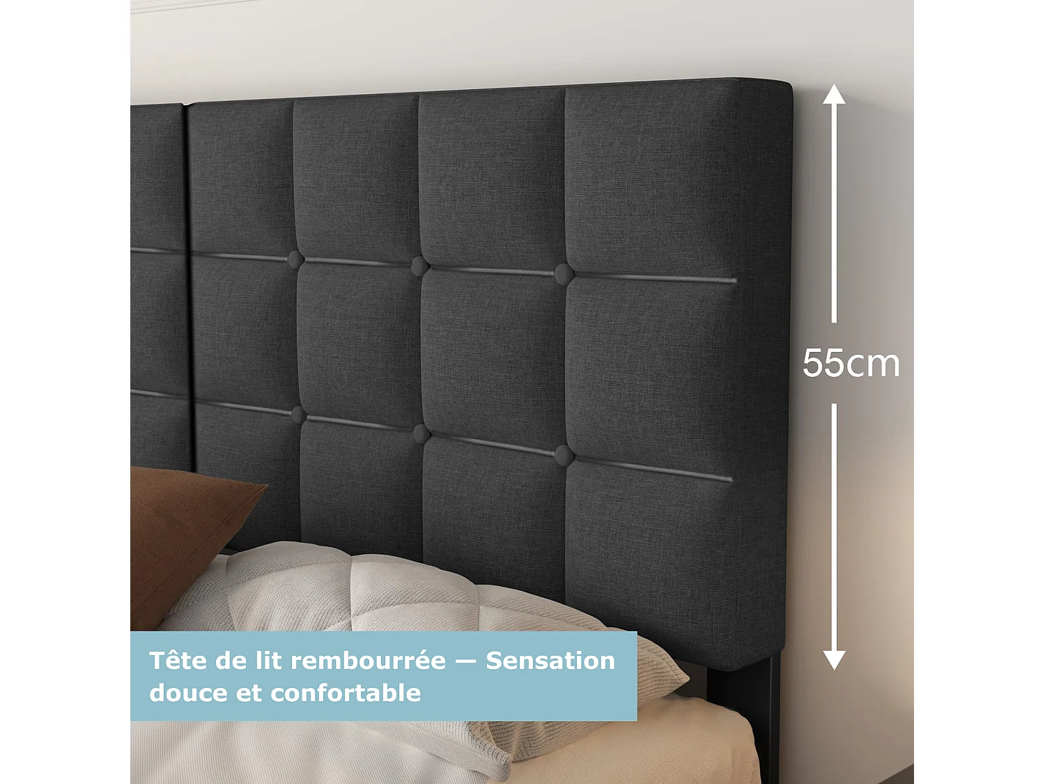 Lit Double 180x200 cm INRE- Structure de Lit avec Sommier à Lattes - Lit Capitonné avec Tête de Lit - Lit Adulte pour 2 Personne - gris foncé