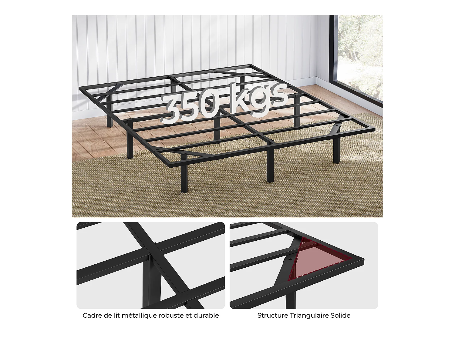 Lit 140x200 cm INRE, Cadre de Lit Double en Métal avec Lattes et LED, Charge Max. 350 kg, Lit 2 Personnes, Silencieux, Antidérapant