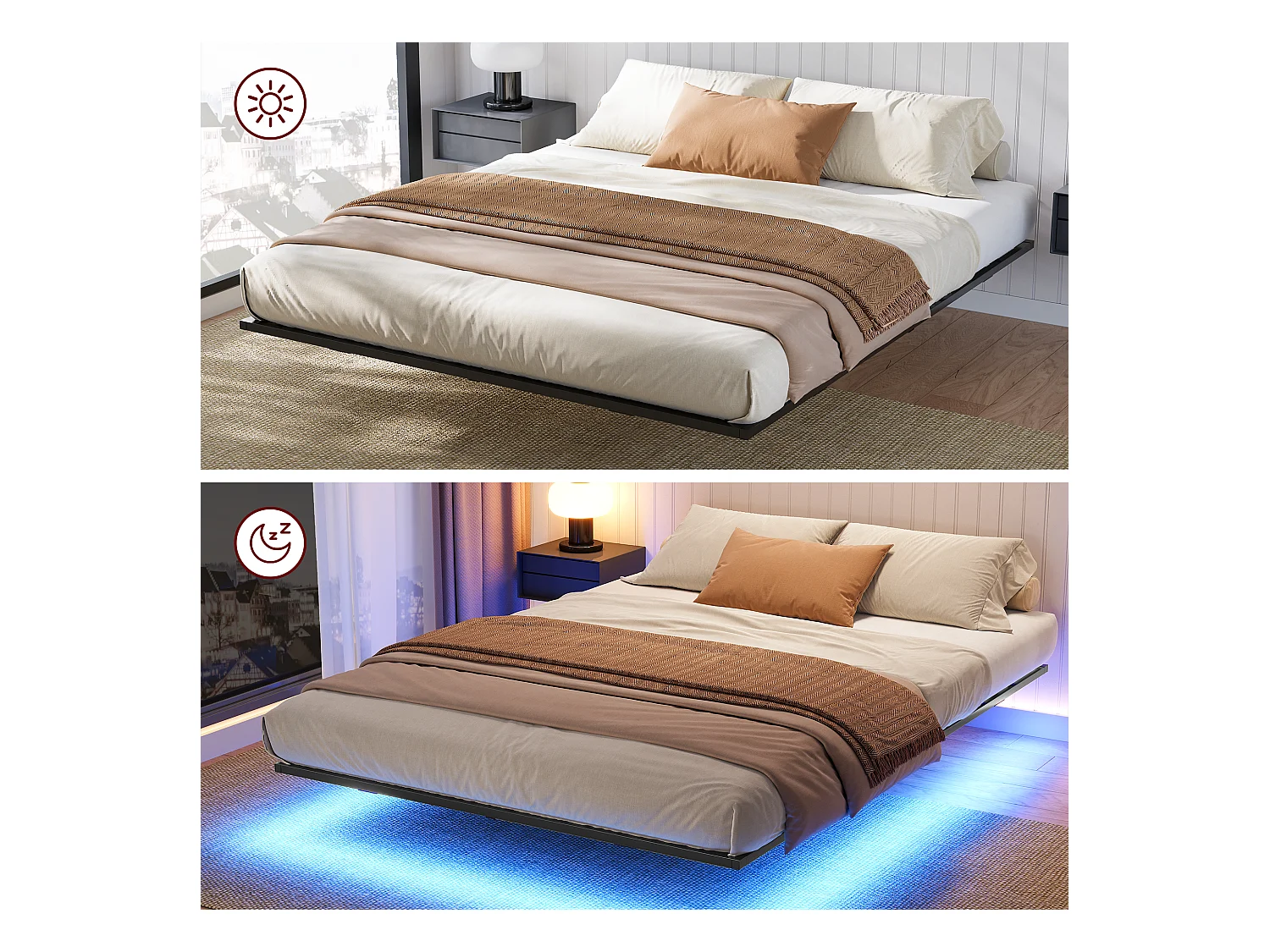 Lit 140x200 cm INRE, Cadre de Lit Double en Métal avec Lattes et LED, Charge Max. 350 kg, Lit 2 Personnes, Silencieux, Antidérapant