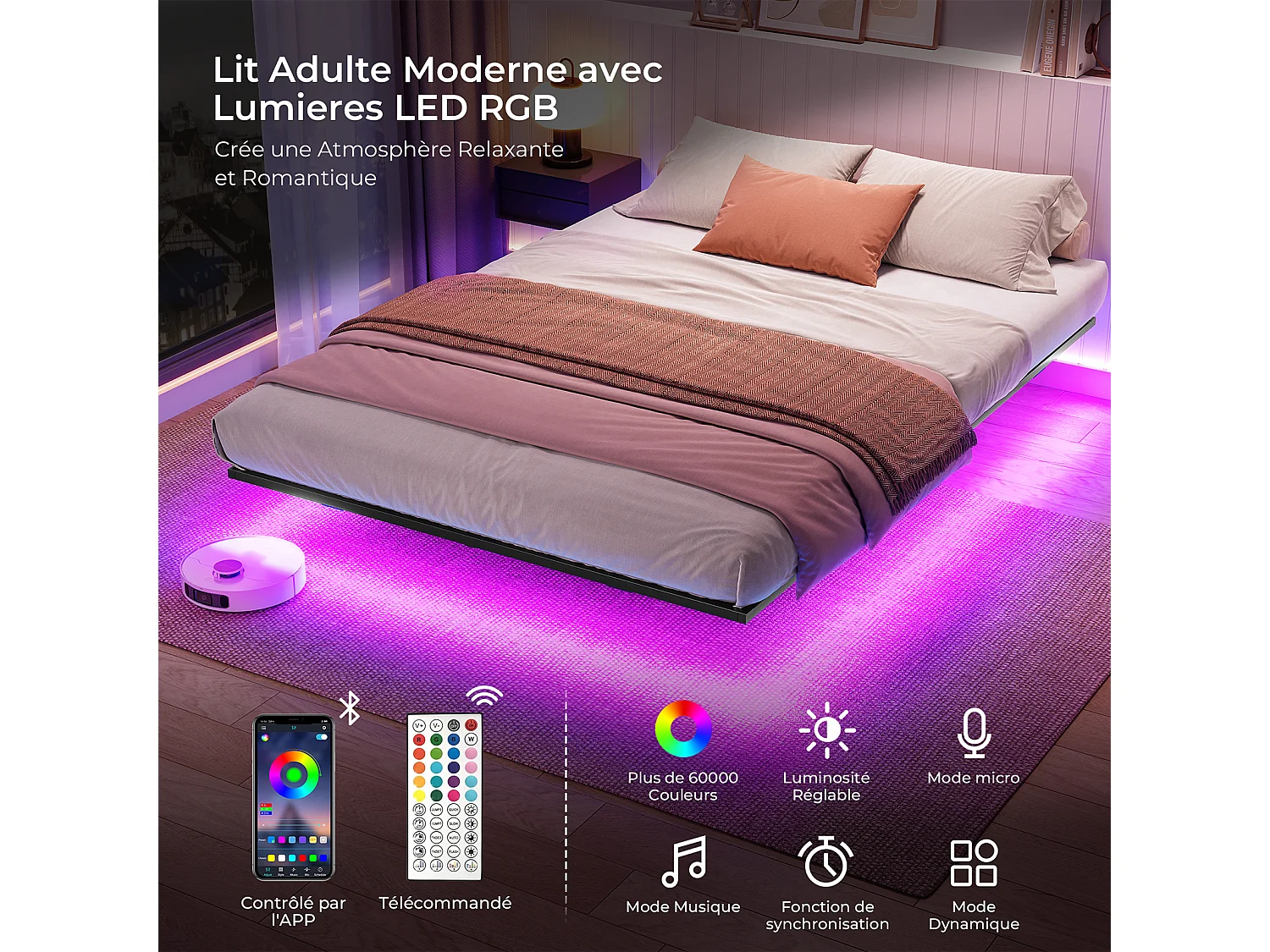 Lit 140x200 cm INRE, Cadre de Lit Double en Métal avec Lattes et LED, Charge Max. 350 kg, Lit 2 Personnes, Silencieux, Antidérapant