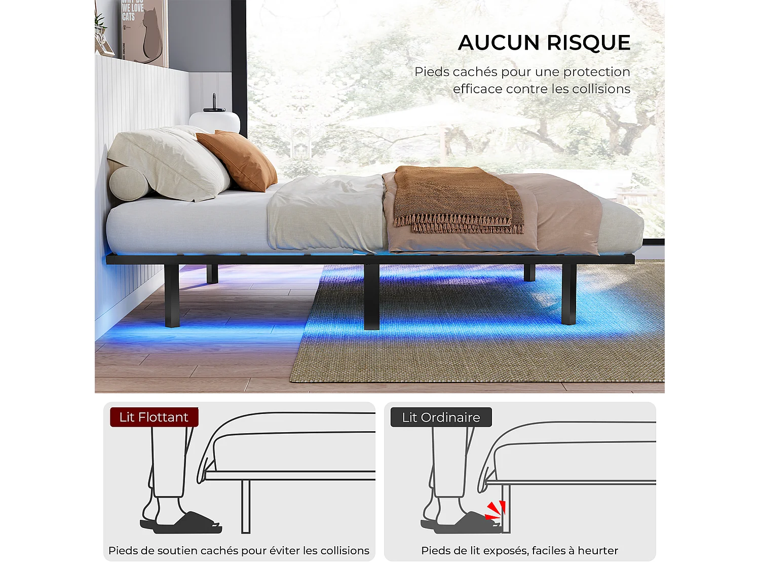 Lit 140x200 cm INRE, Cadre de Lit Double en Métal avec Lattes et LED, Charge Max. 350 kg, Lit 2 Personnes, Silencieux, Antidérapant