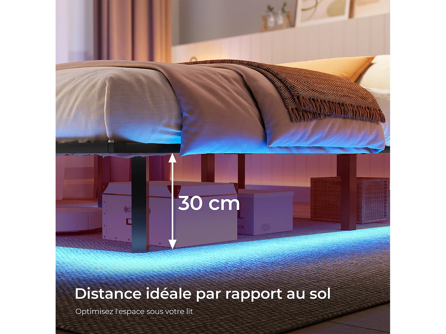 Lit 140x200 cm INRE, Cadre de Lit Double en Métal avec Lattes et LED, Charge Max. 350 kg, Lit 2 Personnes, Silencieux, Antidérapant