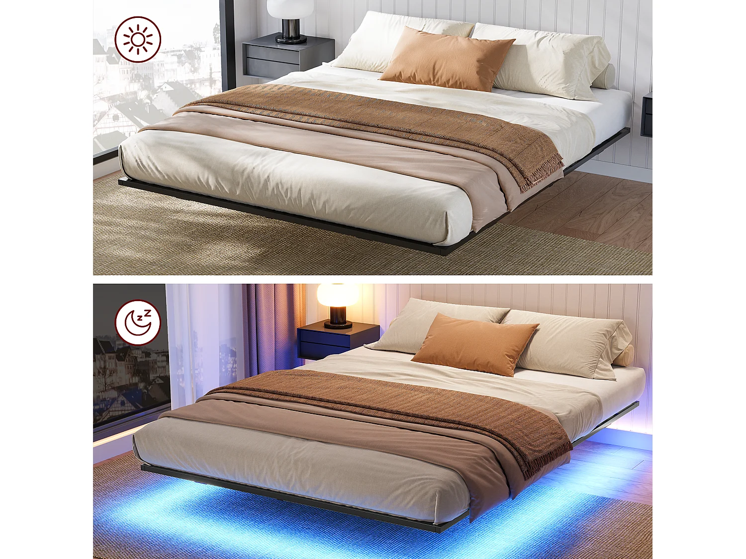 Lit 140x200 cm INRE, Cadre de Lit Double en Métal avec Lattes et LED, Charge Max. 350 kg, Lit 2 Personnes, Silencieux, Antidérapant