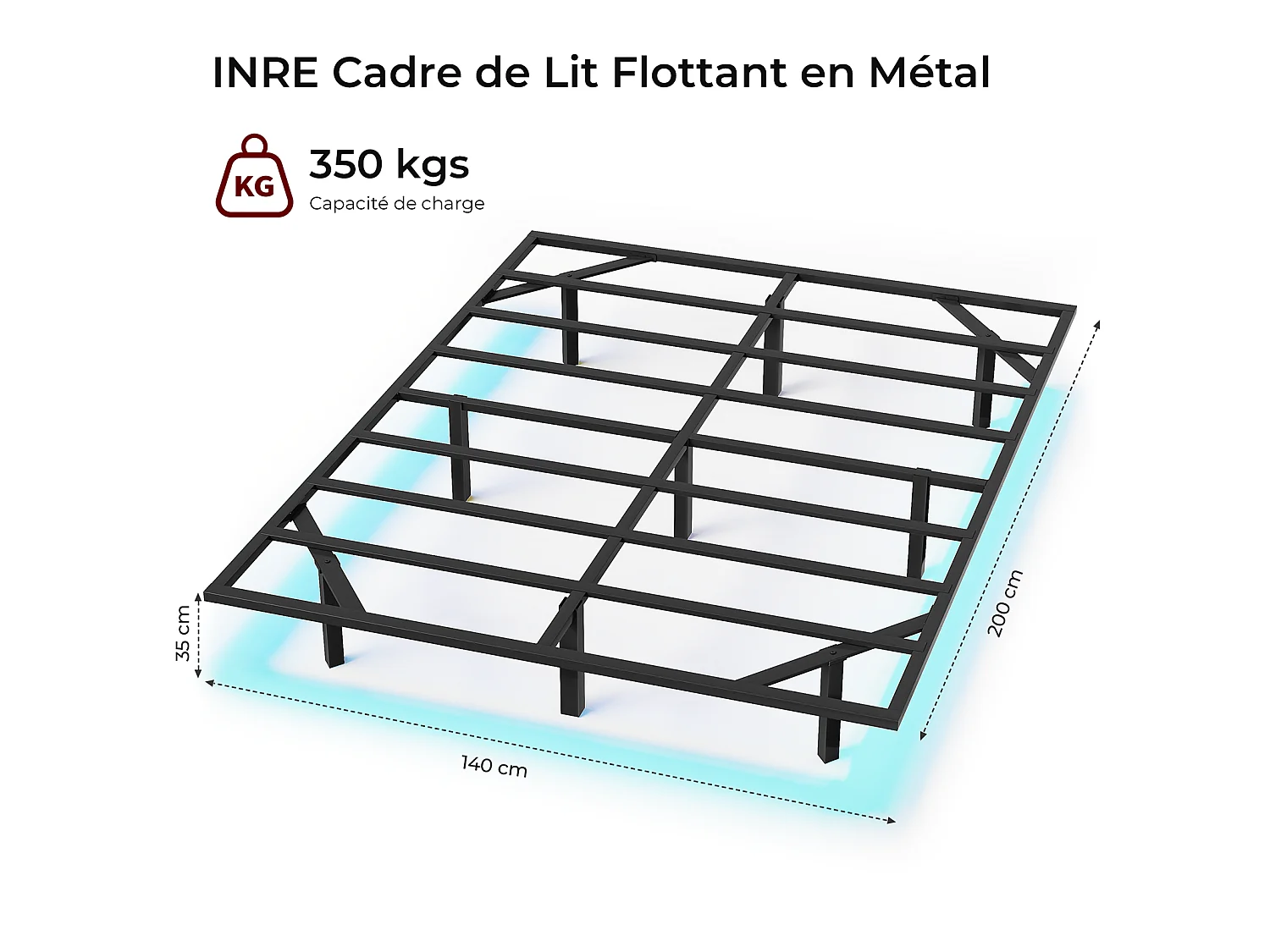 Lit 140x200 cm INRE, Cadre de Lit Double en Métal avec Lattes et LED, Charge Max. 350 kg, Lit 2 Personnes, Silencieux, Antidérapant