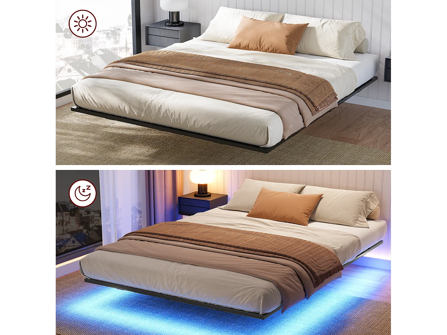 Lit 140x200 cm INRE, Cadre de Lit Double en Métal avec Lattes et LED, Charge Max. 350 kg, Lit 2 Personnes, Silencieux, Antidérapant