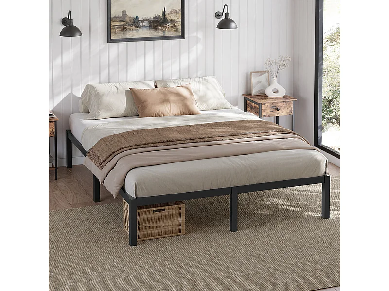 Lit 90x190 cm INRE, Cadre de Lit Double en Métal avec Lattes, Charge Max. 350 kg, Montage Facile, Lit 2 Personnes Silencieux, Noir