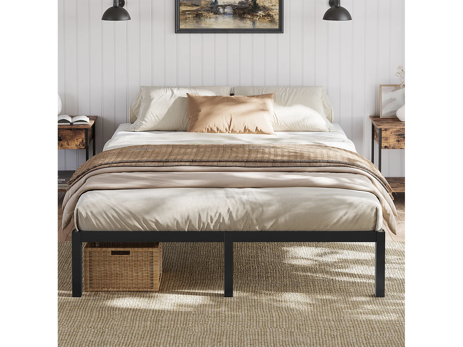 Lit 90x190 cm INRE, Cadre de Lit Double en Métal avec Lattes, Charge Max. 350 kg, Montage Facile, Lit 2 Personnes Silencieux, Noir