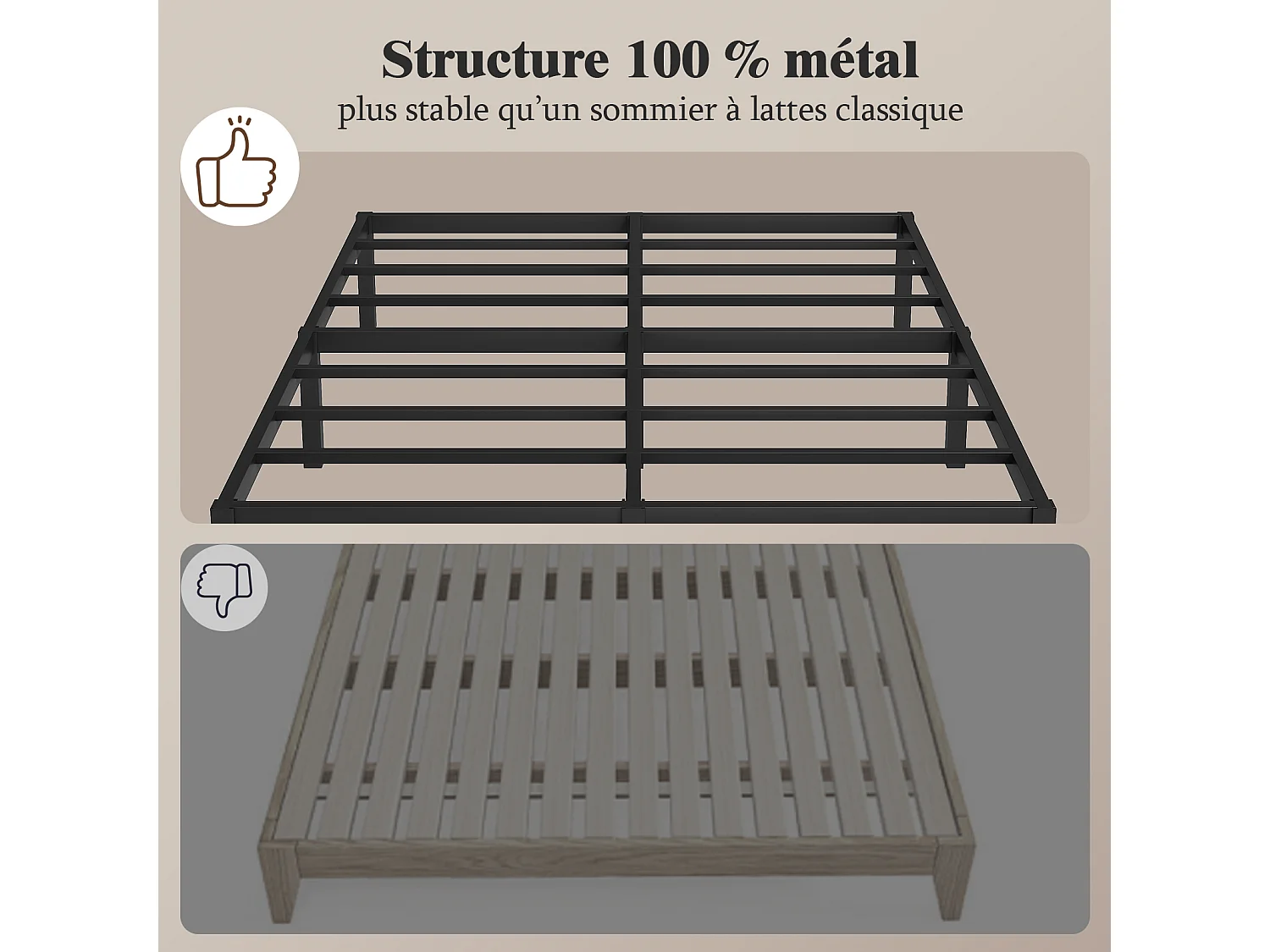 Lit 90x190 cm INRE, Cadre de Lit Double en Métal avec Lattes, Charge Max. 350 kg, Montage Facile, Lit 2 Personnes Silencieux, Noir