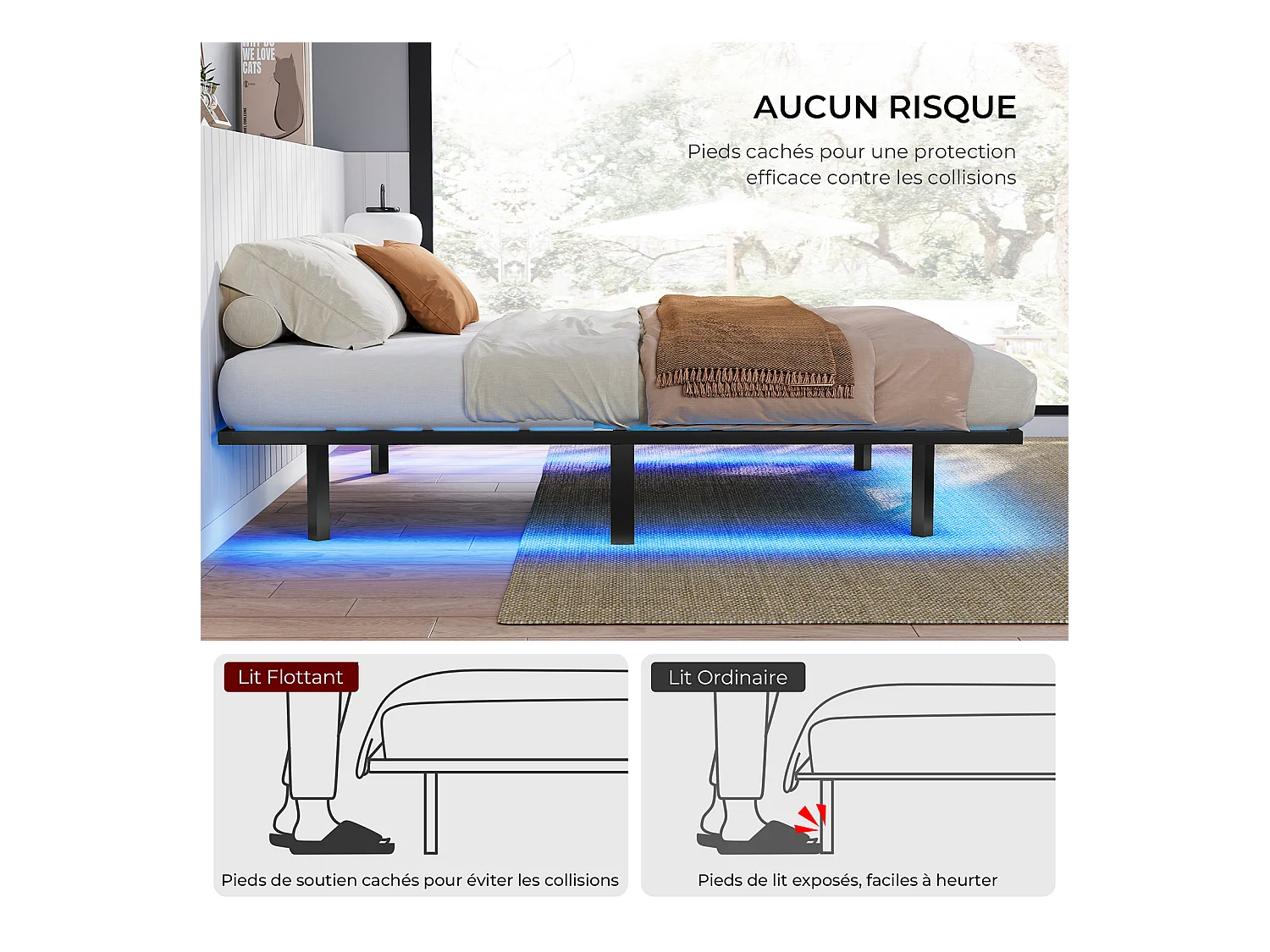 Lit 180x200 cm INRE, Cadre de Lit Double en Métal avec Lattes et LED, Charge Max. 350 kg, Lit 2 Personnes, Silencieux, Antidérapant