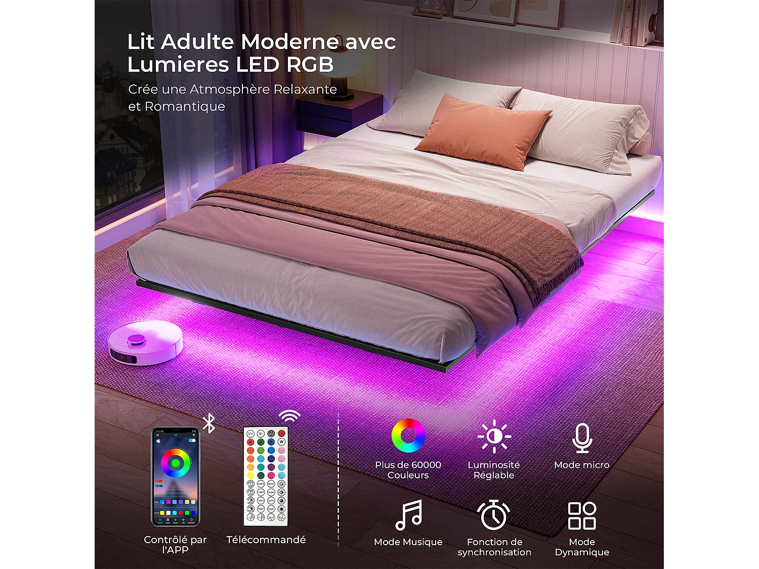 Lit 180x200 cm INRE, Cadre de Lit Double en Métal avec Lattes et LED, Charge Max. 350 kg, Lit 2 Personnes, Silencieux, Antidérapant