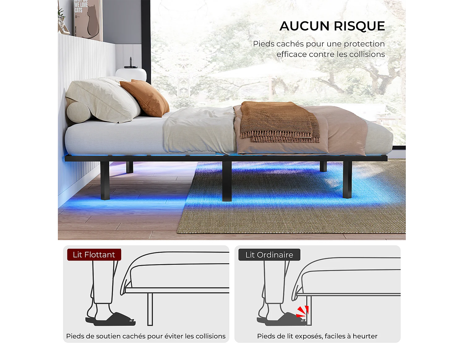 Lit 180x200 cm INRE, Cadre de Lit Double en Métal avec Lattes et LED, Charge Max. 350 kg, Lit 2 Personnes, Silencieux, Antidérapant