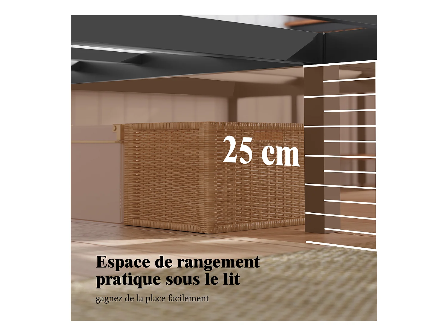 Lit 140x200 cm INRE, Cadre de Lit Double en Métal avec Lattes, Charge Max. 350 kg, Montage Facile, Lit 2 Personnes Silencieux, Noir