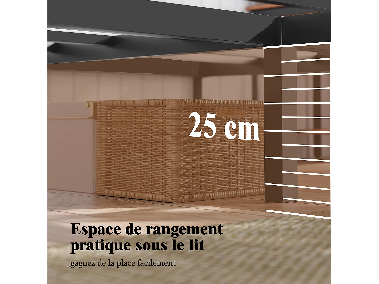 Lit 140x200 cm INRE, Cadre de Lit Double en Métal avec Lattes, Charge Max. 350 kg, Montage Facile, Lit 2 Personnes Silencieux, Noir