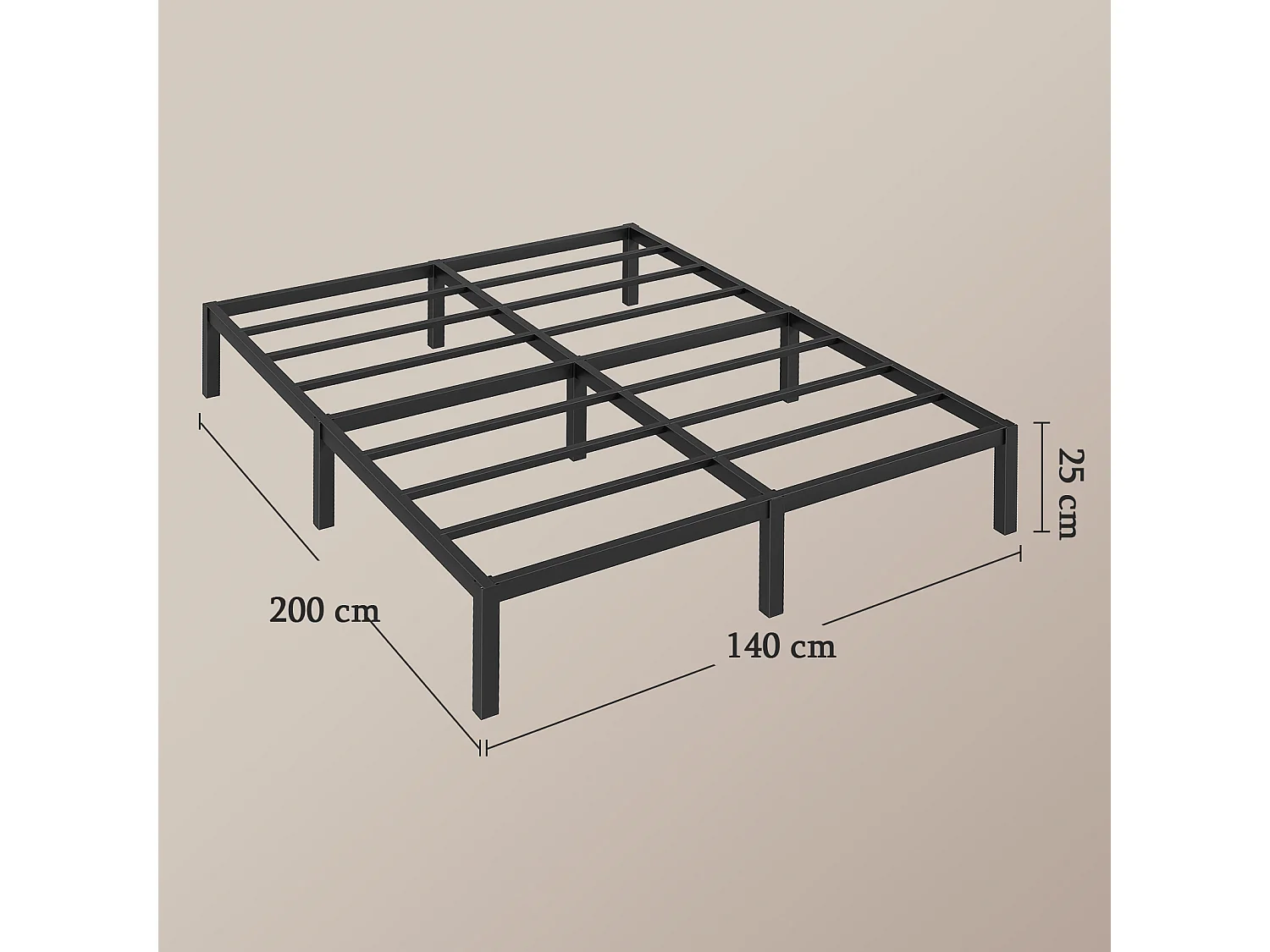 Lit 140x200 cm INRE, Cadre de Lit Double en Métal avec Lattes, Charge Max. 350 kg, Montage Facile, Lit 2 Personnes Silencieux, Noir