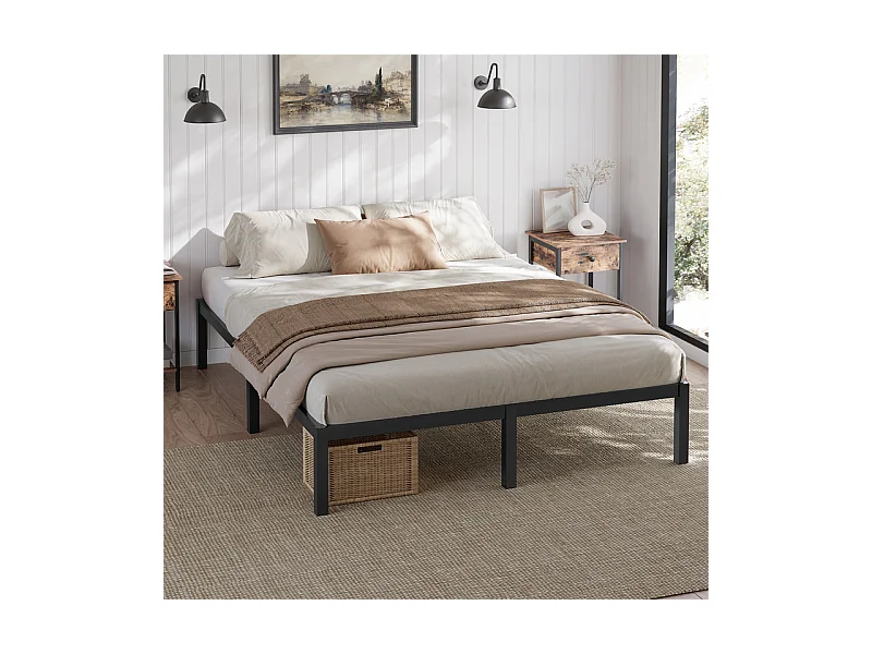 Lit 140x190 cm INRE, Cadre de Lit Double en Métal avec Lattes, Charge Max. 350 kg, Montage Facile, Lit 2 Personnes Silencieux, Noir