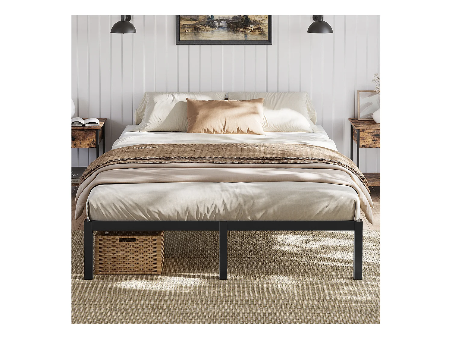 Lit 140x190 cm INRE, Cadre de Lit Double en Métal avec Lattes, Charge Max. 350 kg, Montage Facile, Lit 2 Personnes Silencieux, Noir